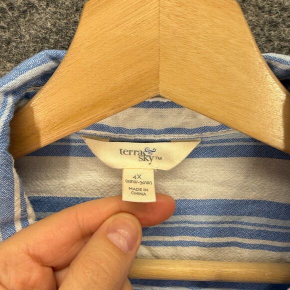 Terra & Sky Shirt Women 4X Plus Blue Striped Button Up Collared Short Sleeve - Picture 3 of 7